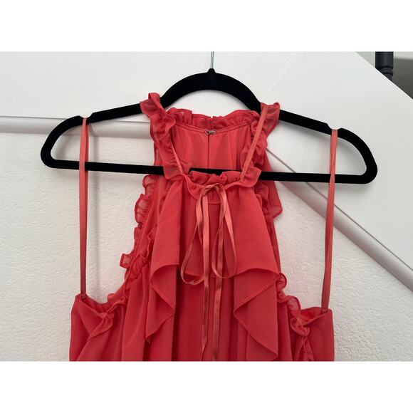 BCBG Pink Chiffon Halter Maxi Dress Womens Medium Event Wedding Coquette Ruffled - Picture 6 of 16